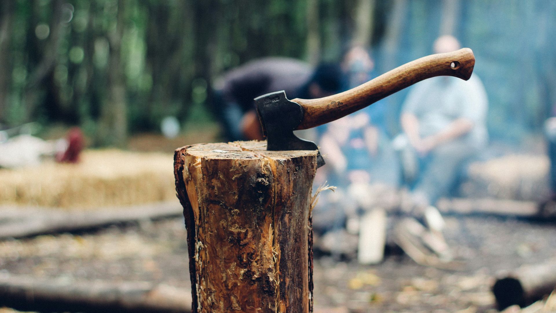 axe on tree log next to people sitting next to bonfire