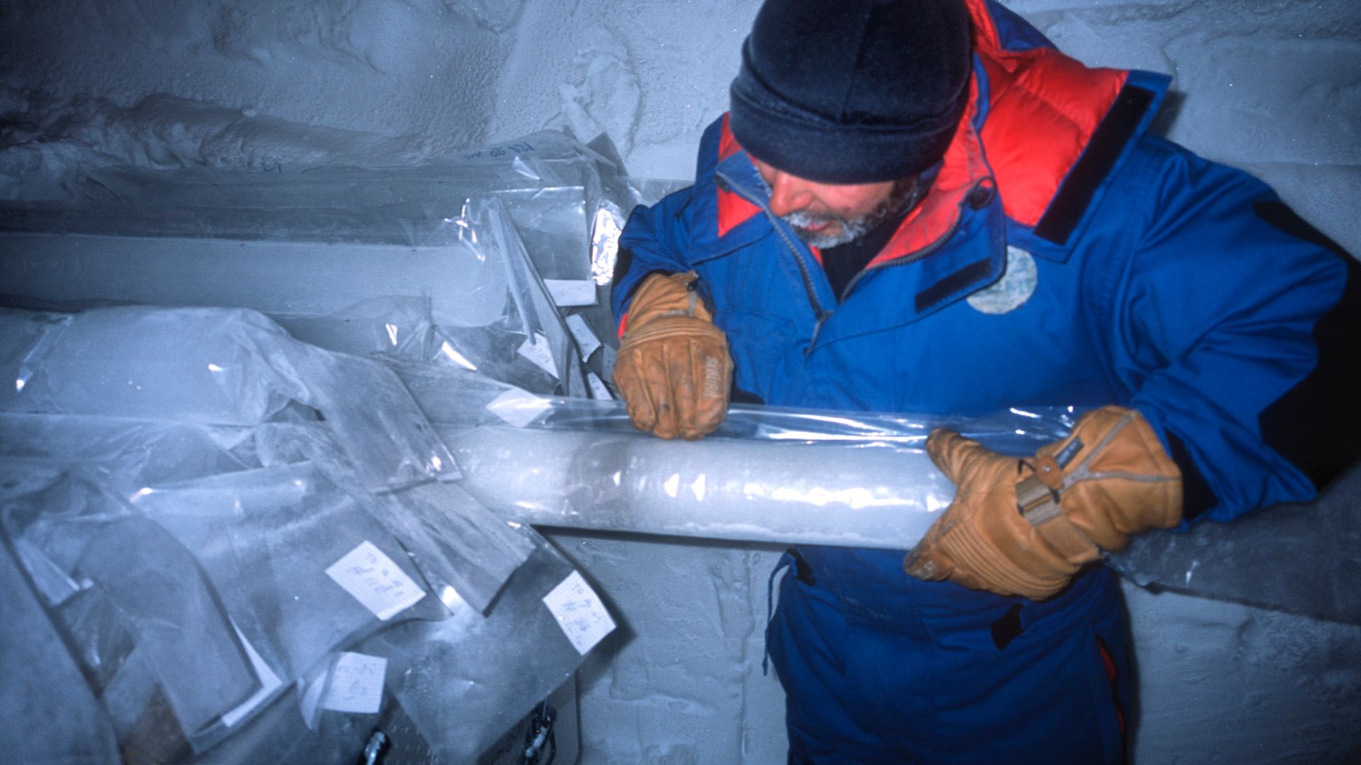 File:Ice core extracted at Talos Dome showing an ash layer corresponding to the Toba eruption.jpg