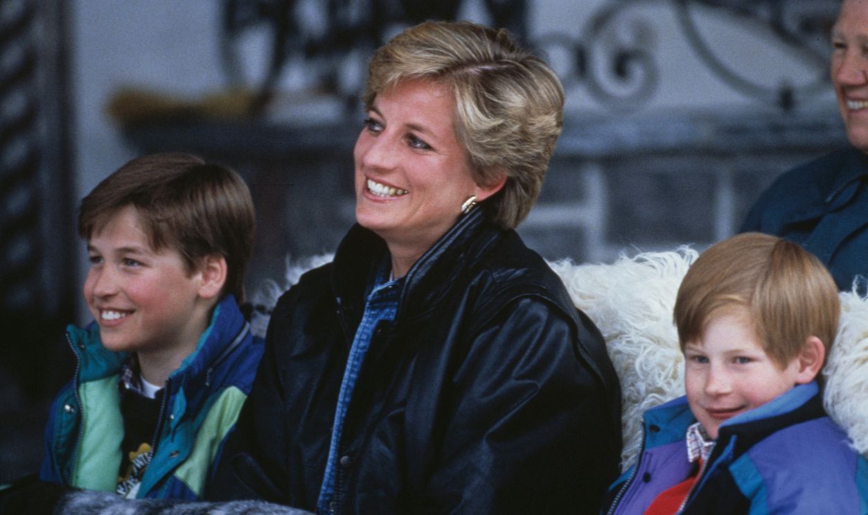 Princess Diana (1961 - 1997) with her sons Prince William (left) and Prince Harry on a skiing holiday in Lech, Austria, 30th March 1993.
