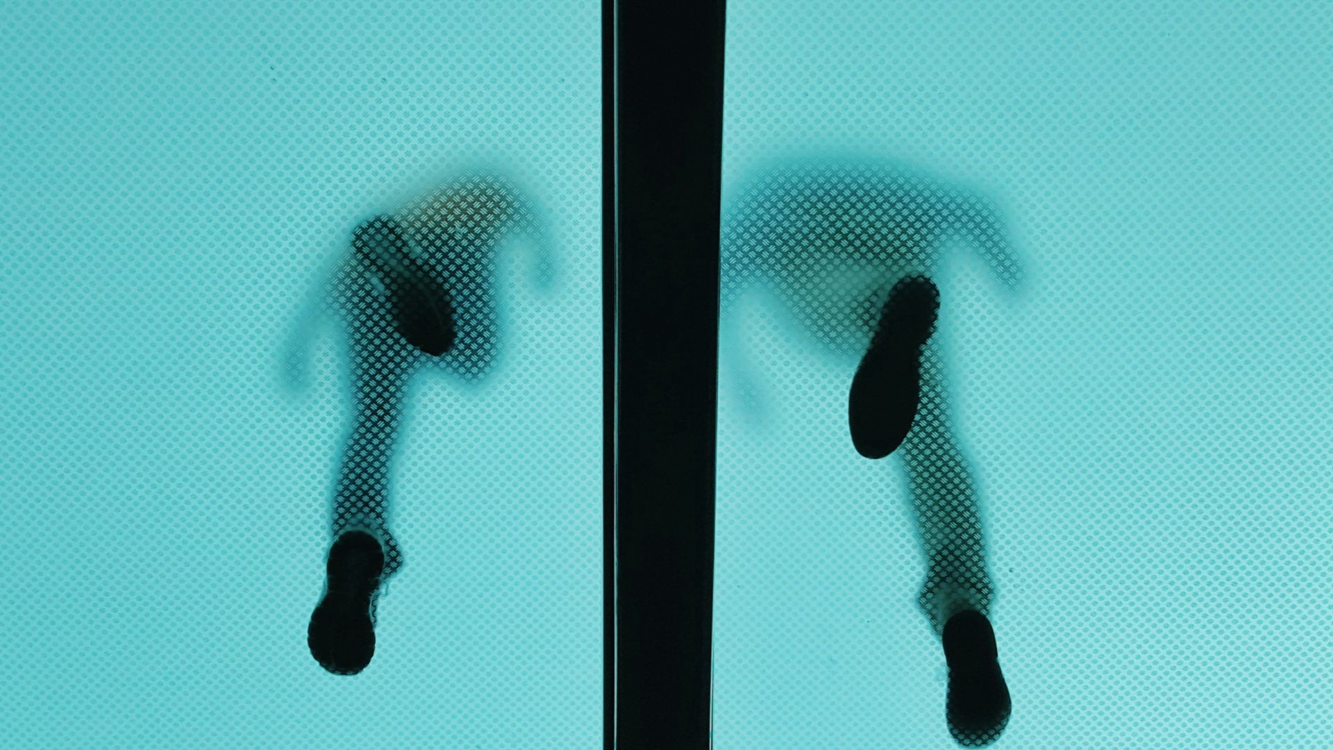 low angle photography of two people walked in glass flooring