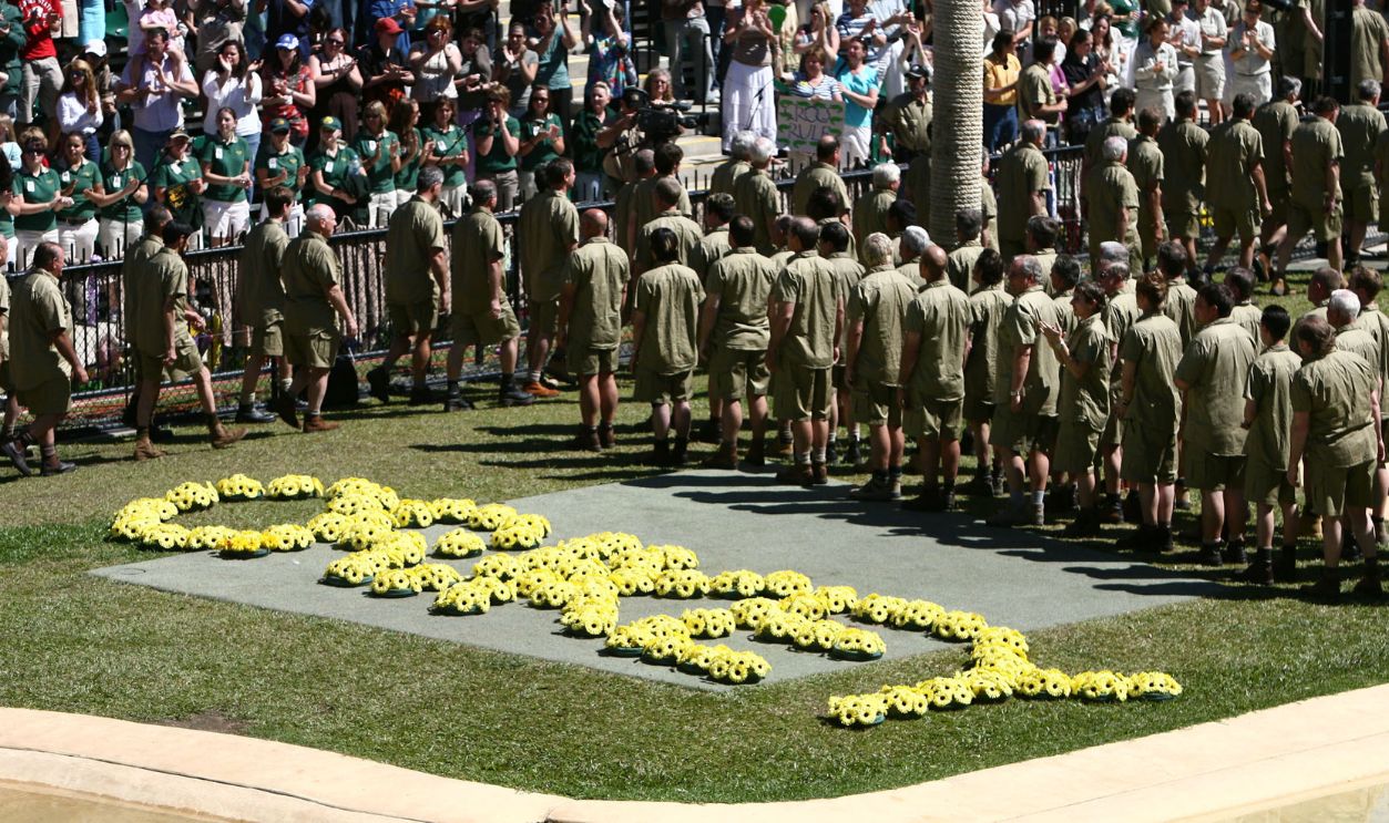 Gettyimages - 540162673, Steve Irwin Memorial Service. Wreaths laid out to spell 'CRIKEY' during the memo 