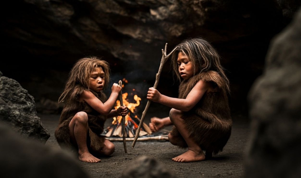 Group of neanderthal children playing in cave with fire in the background stonage real photo