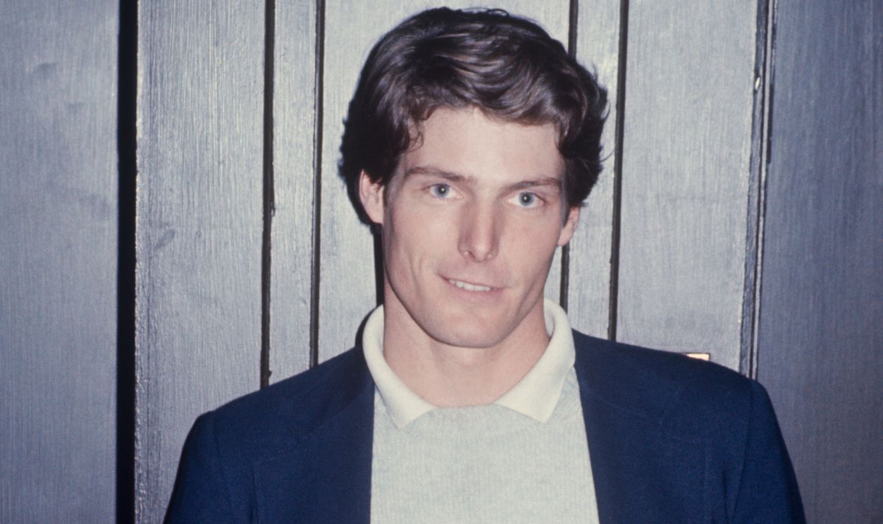 Christopher Reeve in a gray sweater and navy jacket; circa 1970; New York. 