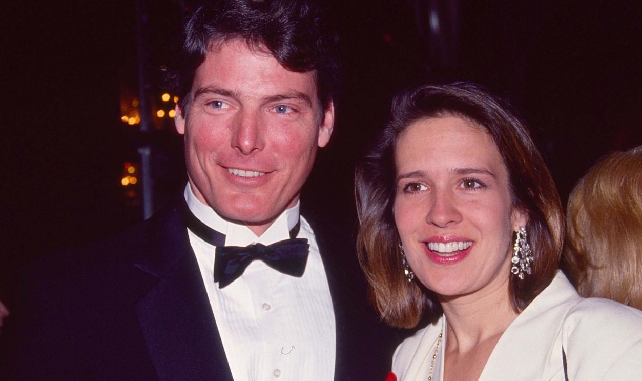 View of American couple (and later spouses), actors Christopher Reeve (1952 - 2004) and Dana Morosini (later Reeve, 1961 - 2006) as they attend a birthday party (for Andrew Stein) at the Waldorf Astoria Hotel, New York, New York, January 21, 1992. 