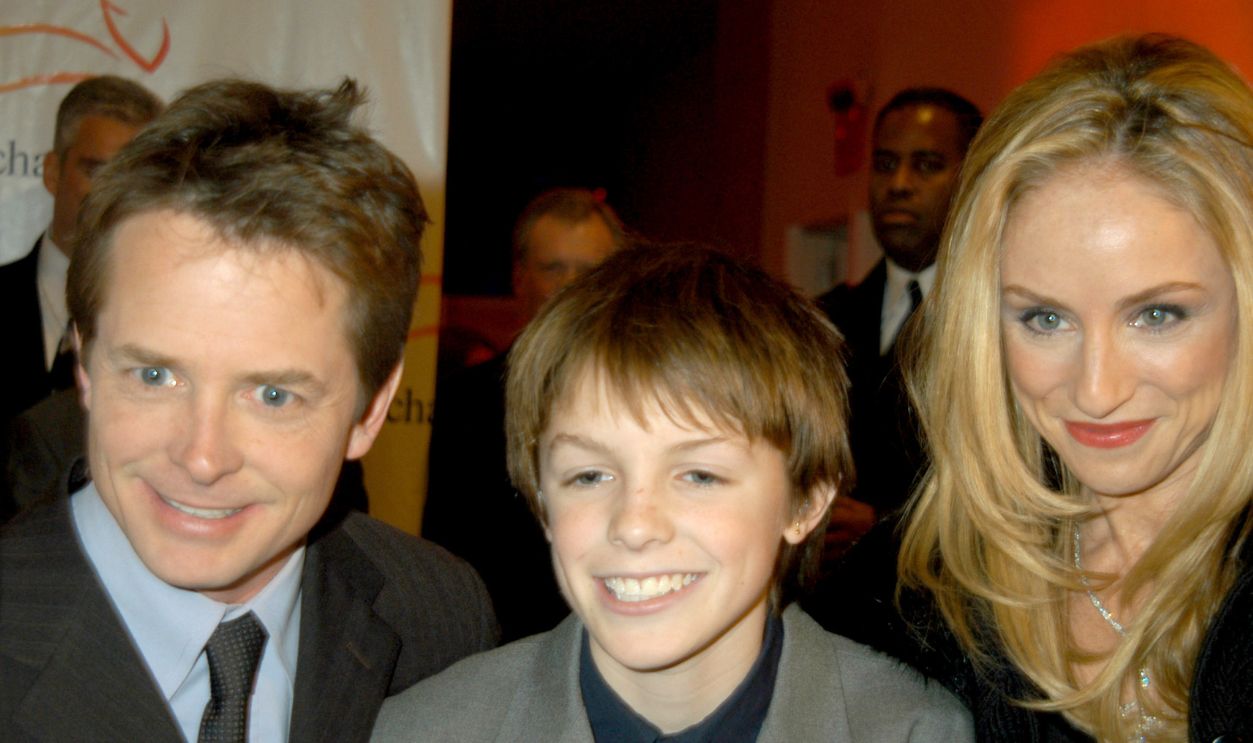 Michael J. Fox, son and Tracy Pollan during 