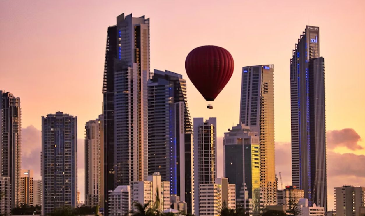 Hot Air Balloon Over City