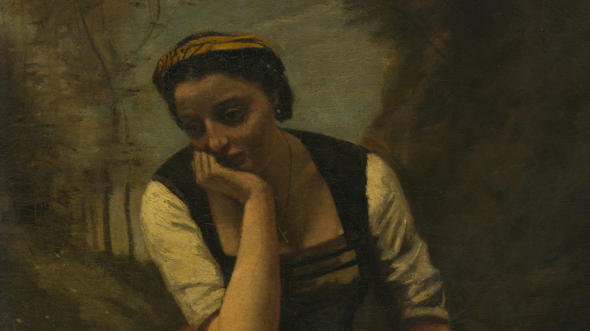 a painting of a woman in a red dress