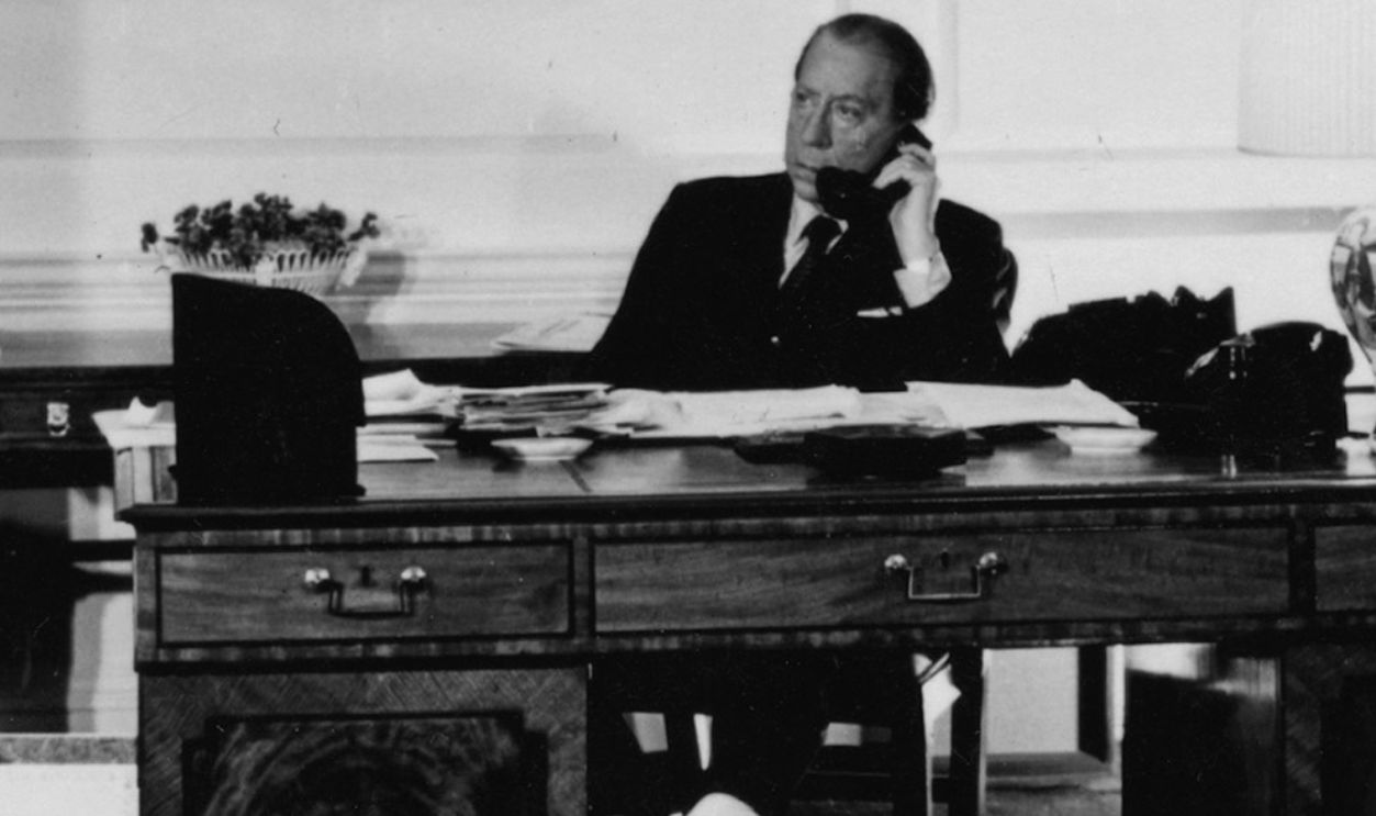 American industrialist J. Paul Getty (1892 - 1976) in the office of Sutton Place, his Tudor manor house in Surrey, circa 1959. 