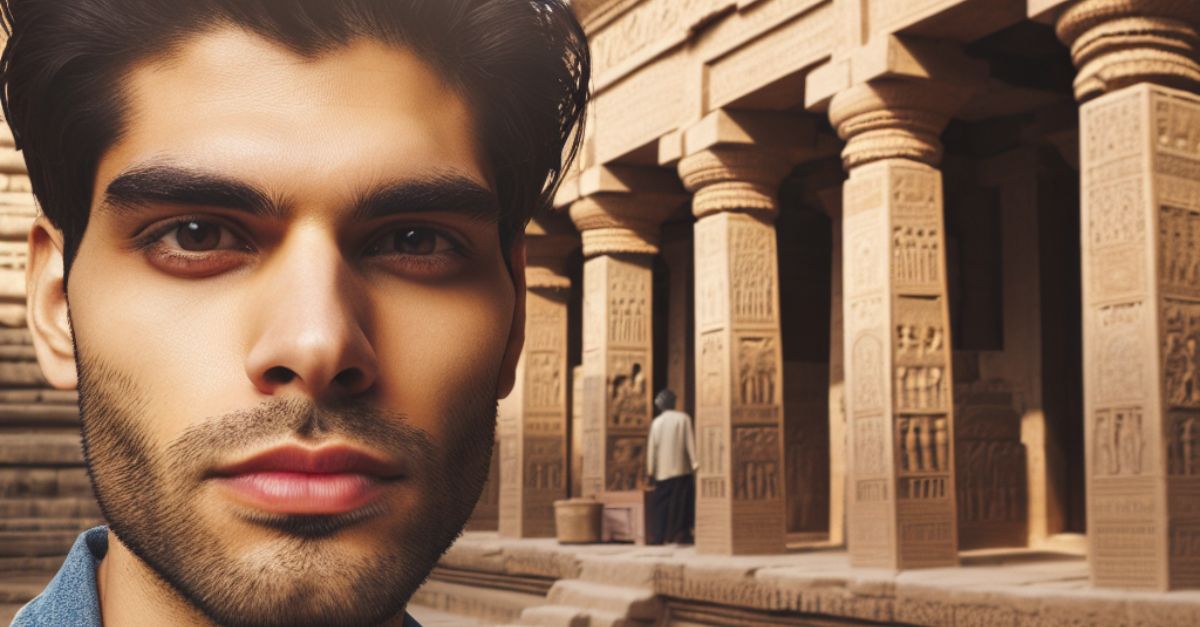 Men standing infront of Temple of Khnum