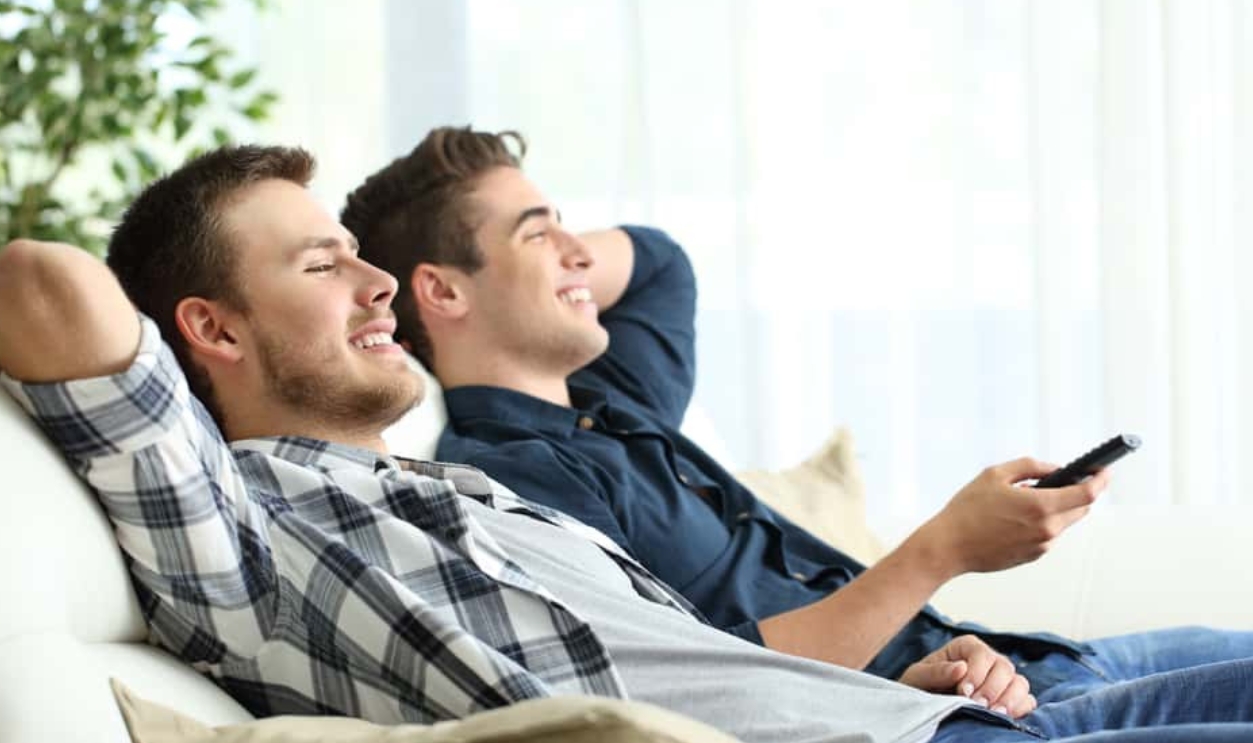 Side View Portrait Of Two Roommates Watching Tv, Shutterstock, 461423500