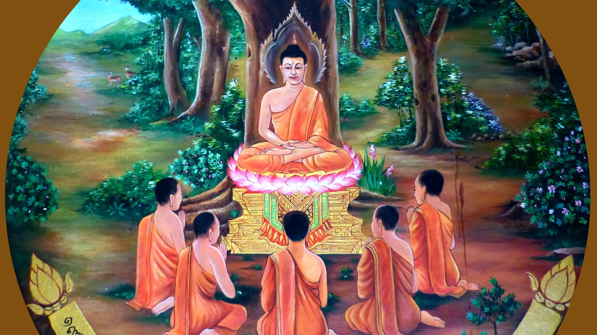 File:043 The Buddha preaches his First Sermon about the Four Noble Truths to the Group of Five Monks (9273542290).jpg