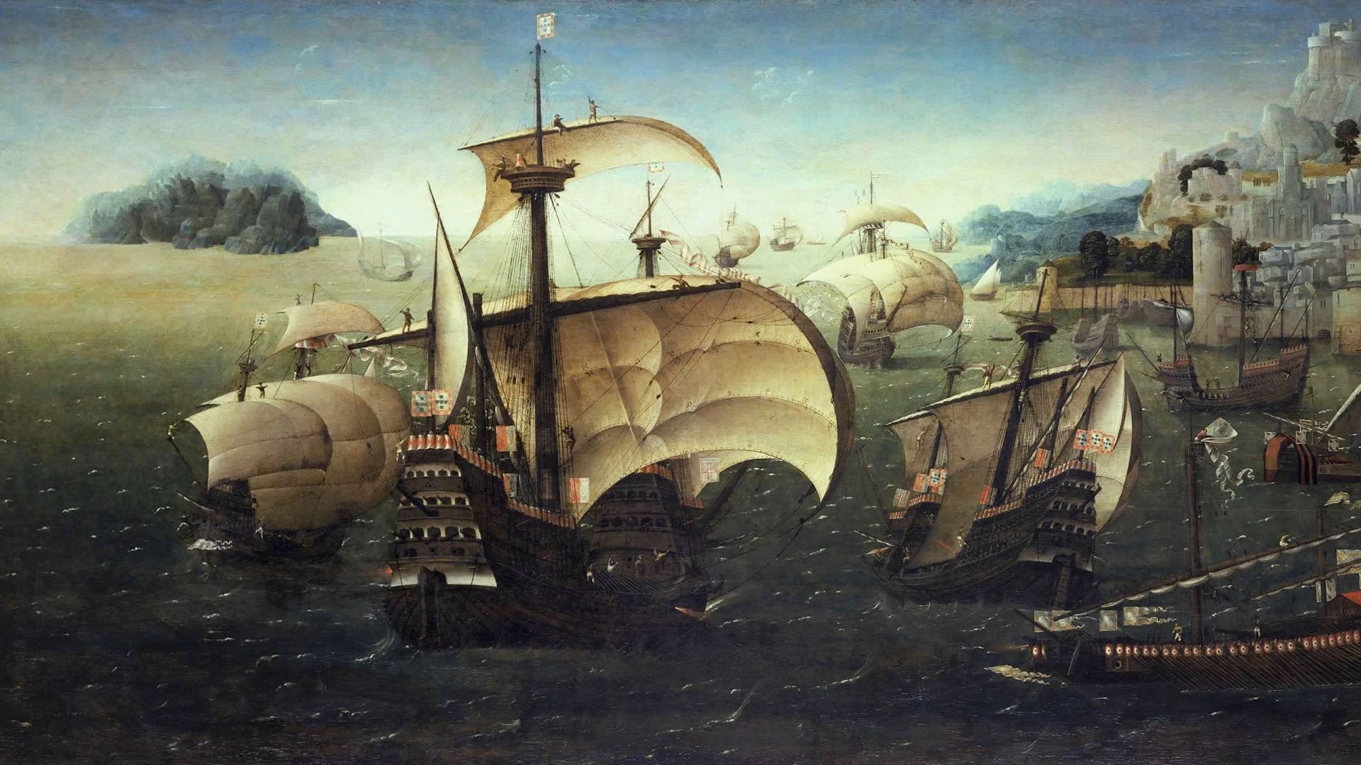 File:Portuguese Carracks off a Rocky Coast.jpg