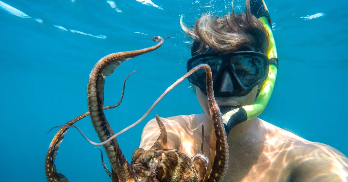 man holds octopus