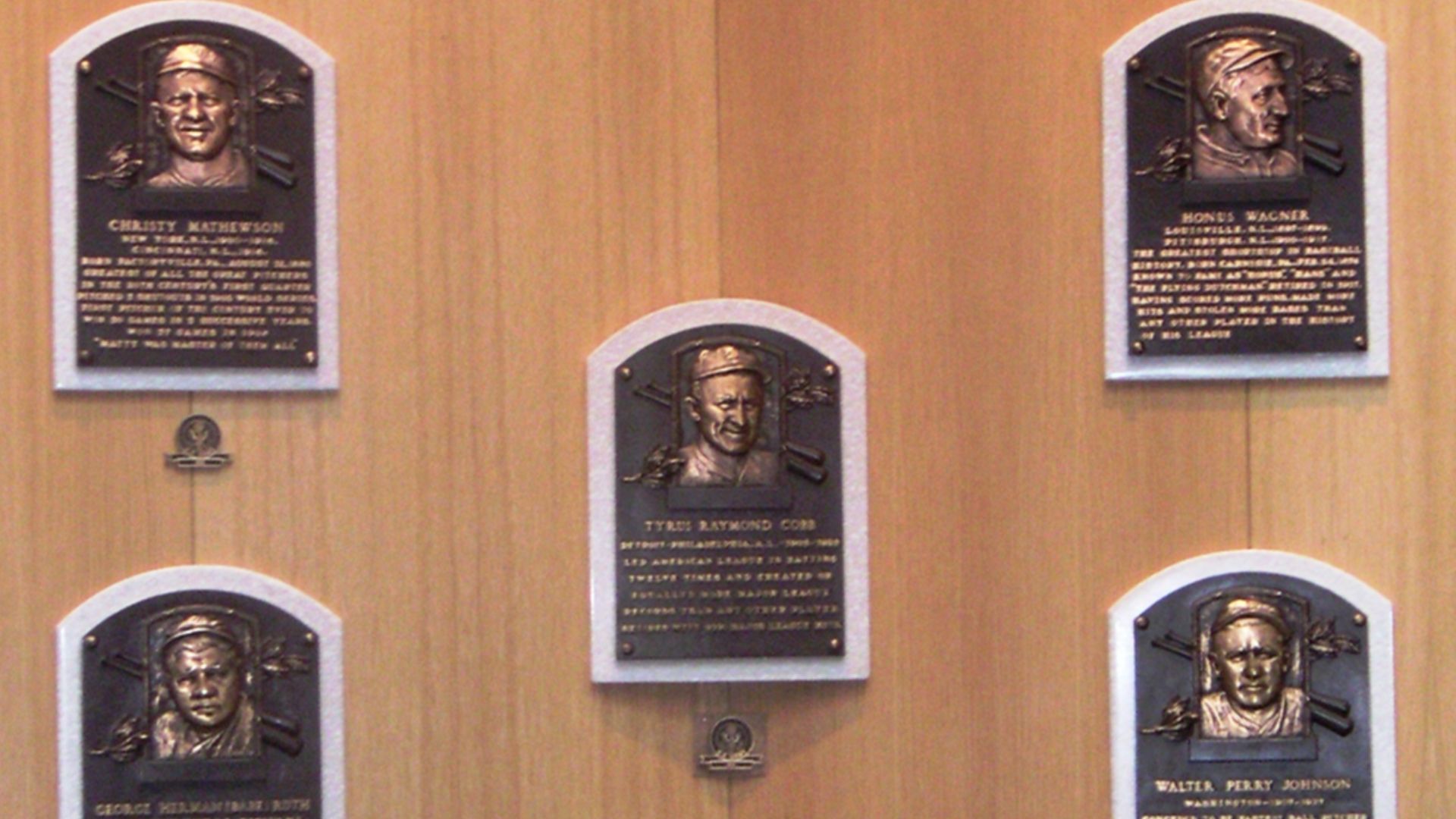 File:Plaques for the first year of inductees to the Baseball Hall of Fame.jpg