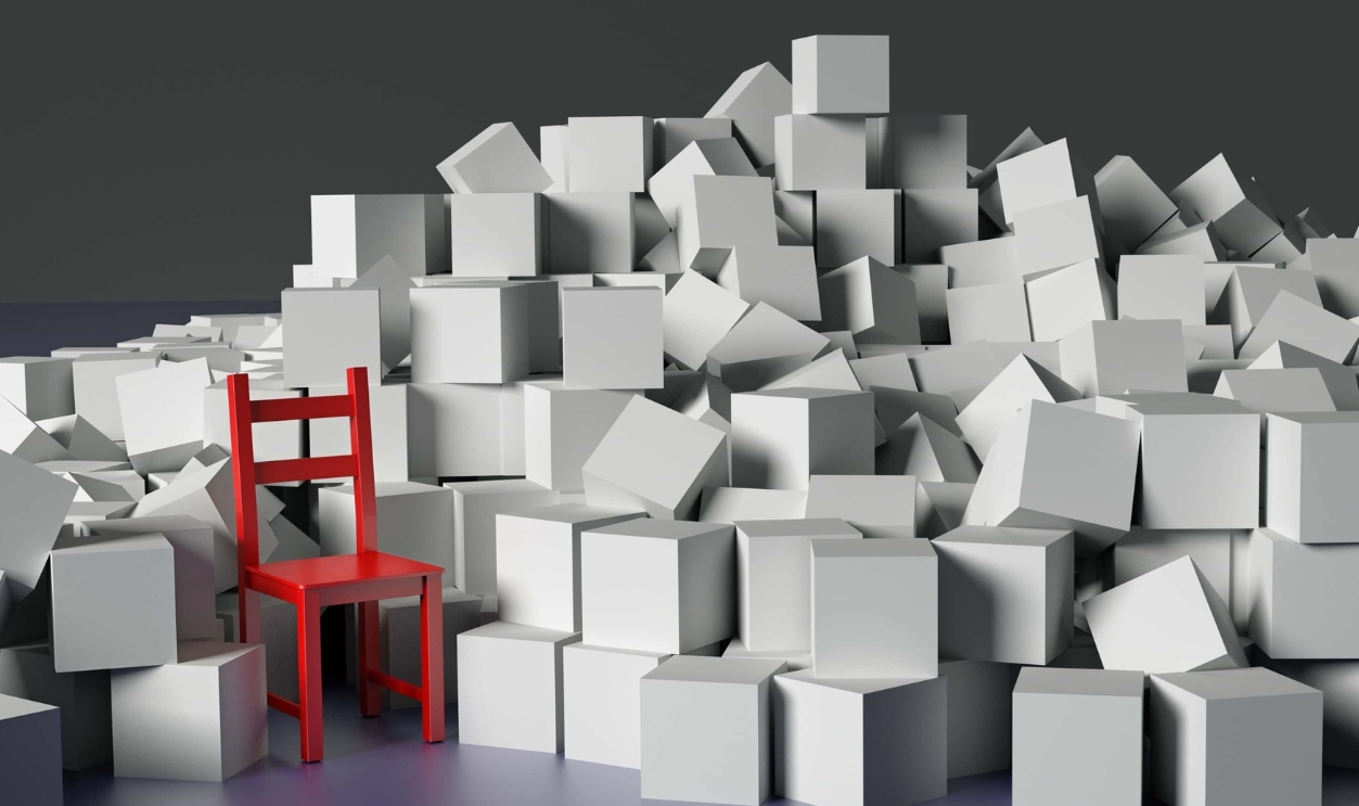 White Boxes In A Random Pile With A Red Chair, Shutterstock, 701054926