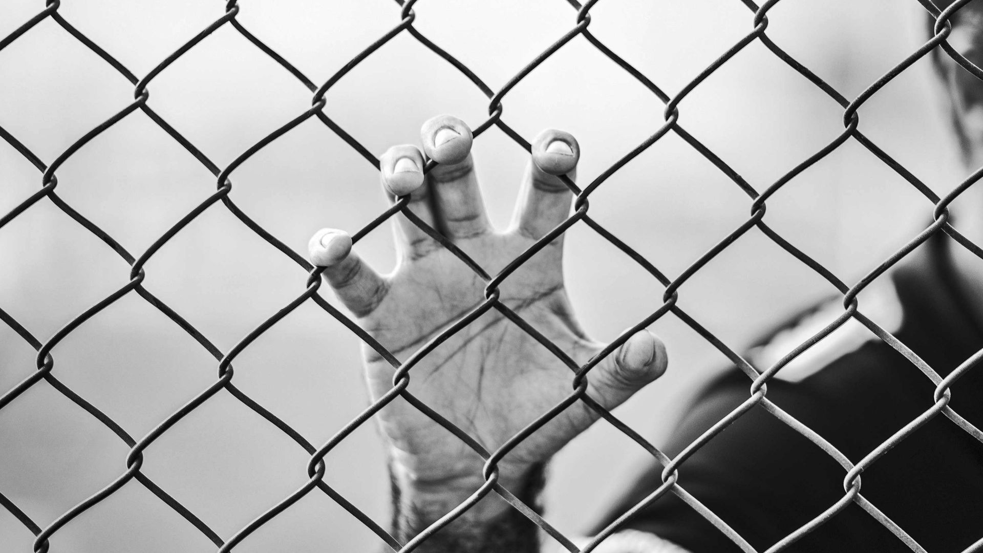 man holding chain-link fence