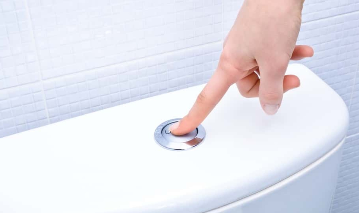 Finger Pushing Button And Flushing Toilet, Shutterstock, 171474437