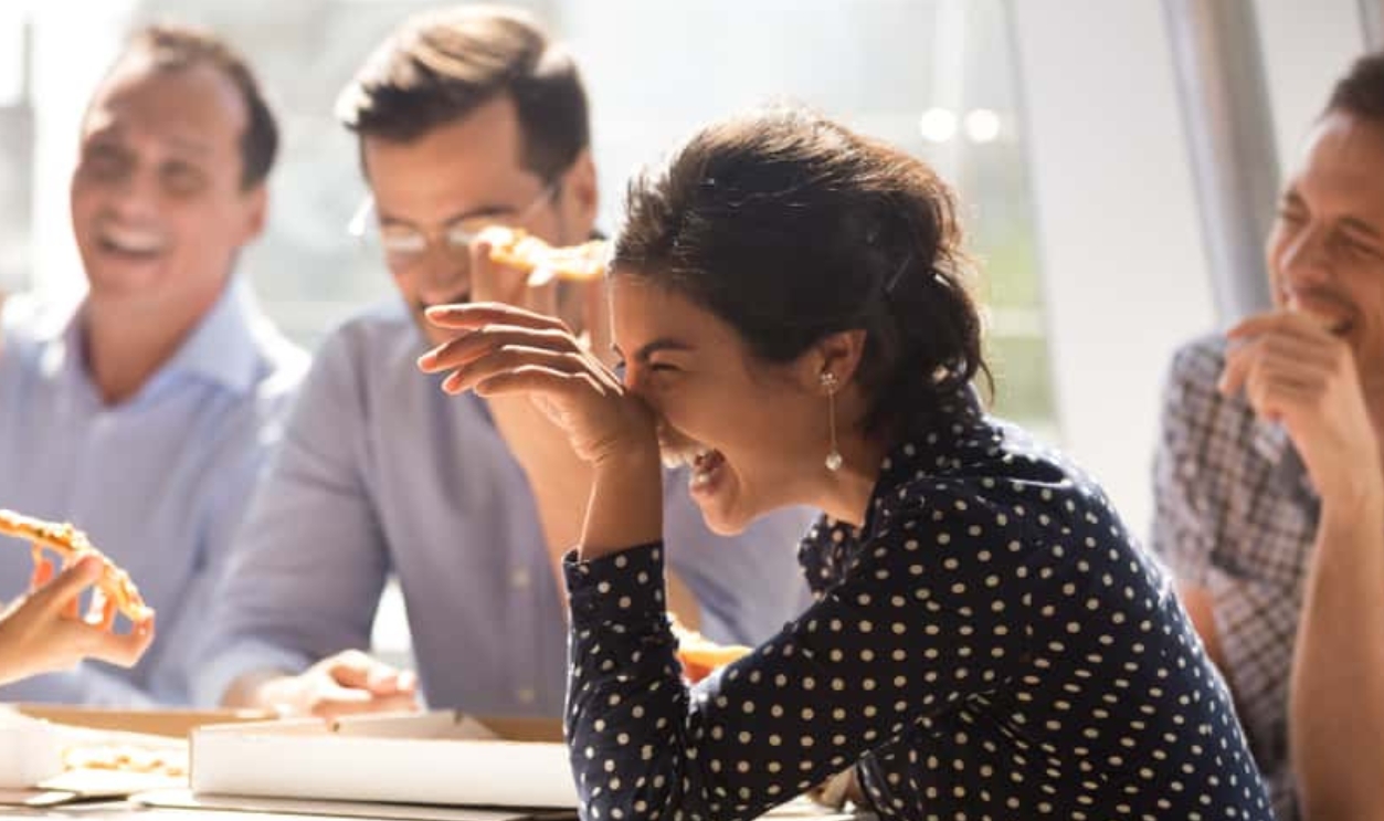 Indian Woman Laughing At Funny Joke Eating Pizza, Shutterstock, 1206996136