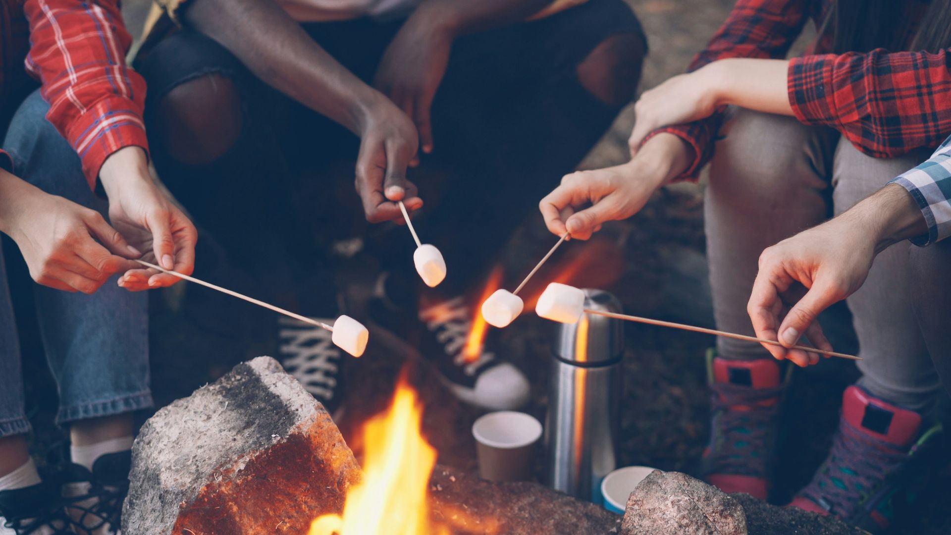 Friends roasting marshmallows over a campfire