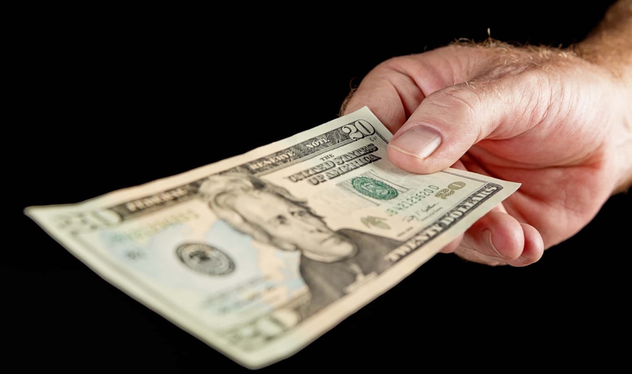 Male Hand Holding Twenty Dollar Banknote, Getty Images, 668151180