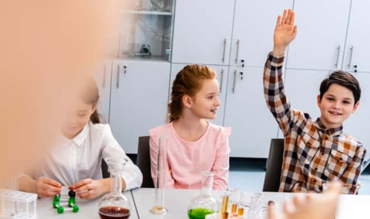 Schoolboy In Checkered Shirt Raising Hand, Shutterstock, 1350201851
