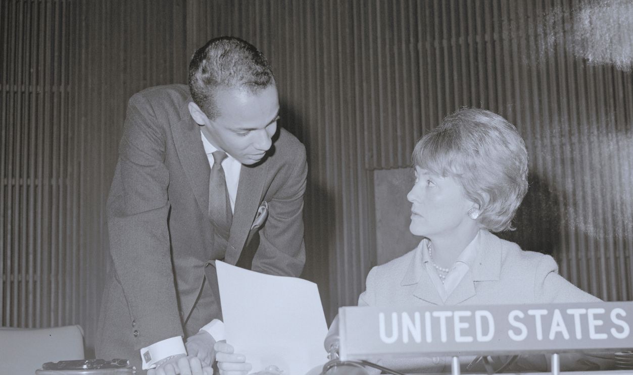 Gettyimages - 517824020, Marietta Tree Conversing with A.M. Foum (Original Caption) New York City: Mrs. Marietta Tree, U.S. Representative on the U.S. Trusteeship Council with personal rank of ambassador is shown a meeting of the UN Economic and Social Council.
