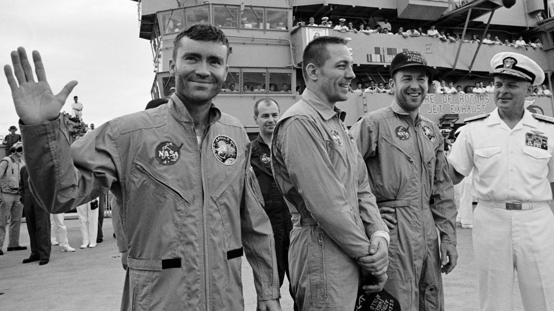 File:Apollo 13 crew postmission onboard USS Iwo Jima.jpg