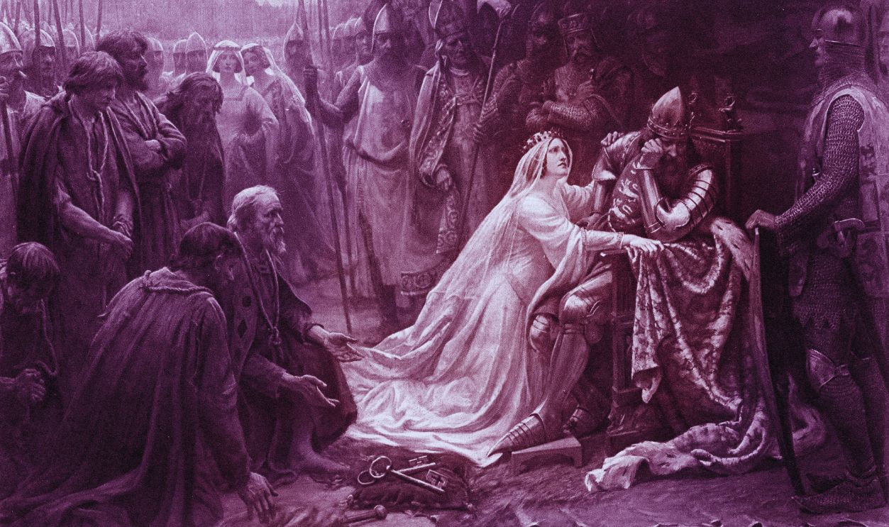 Gettyimages - 1439507362, 'Queen Philippa interceding for the Burghers of Calais' Queen Philippa interceding for the Burghers of Calais'. Philippa of Hainault, Queen Consort to Edward III, persuaded him to spare the lives of the leaders of Calais during the English siege of the city in 1347.