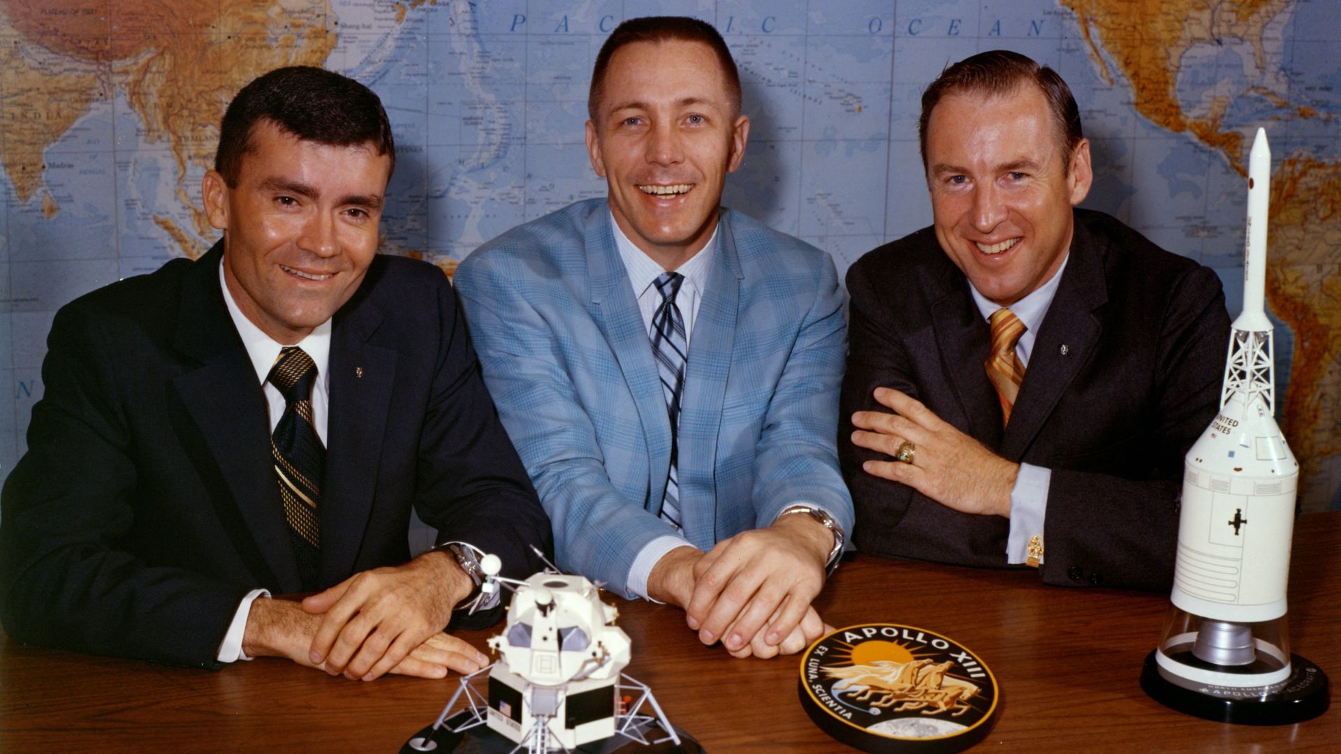File:Fred Haise (left), Jack Swigert, and Jim Lovell pose on the day before launch.jpg