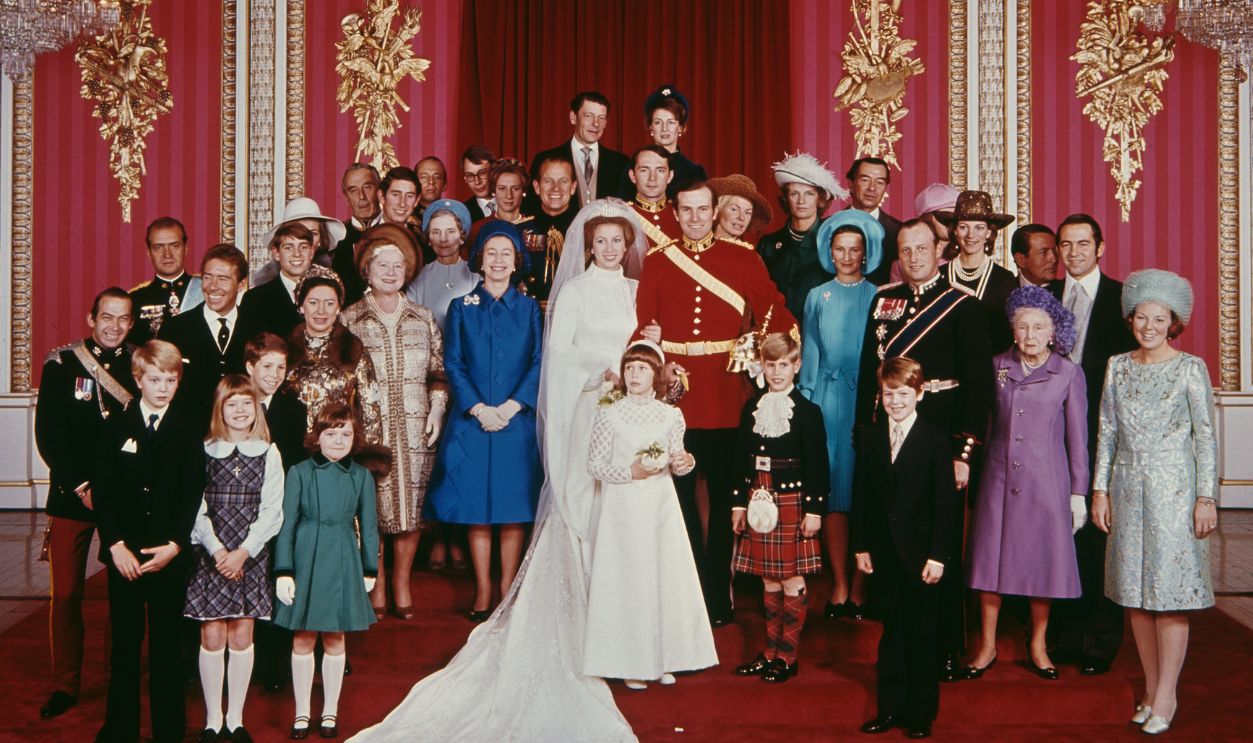 Gettyimages - 603421801, Princess Anne's Wedding The wedding of Anne, Princess Royal to Mark Phillips, London, UK, 14th November 1973. Also pictured are Queen Elizabeth II, the Queen Mother, Princess Margaret, Prince Philip, Prince Charles, Viscount Linley, Katharine, Duchess of Kent, Queen Beatrix of the Netherlands, King Constantine II of Greece, King Juan Carlos I of Spain, and King Harald V of Norway and Queen Sonja of Norway.