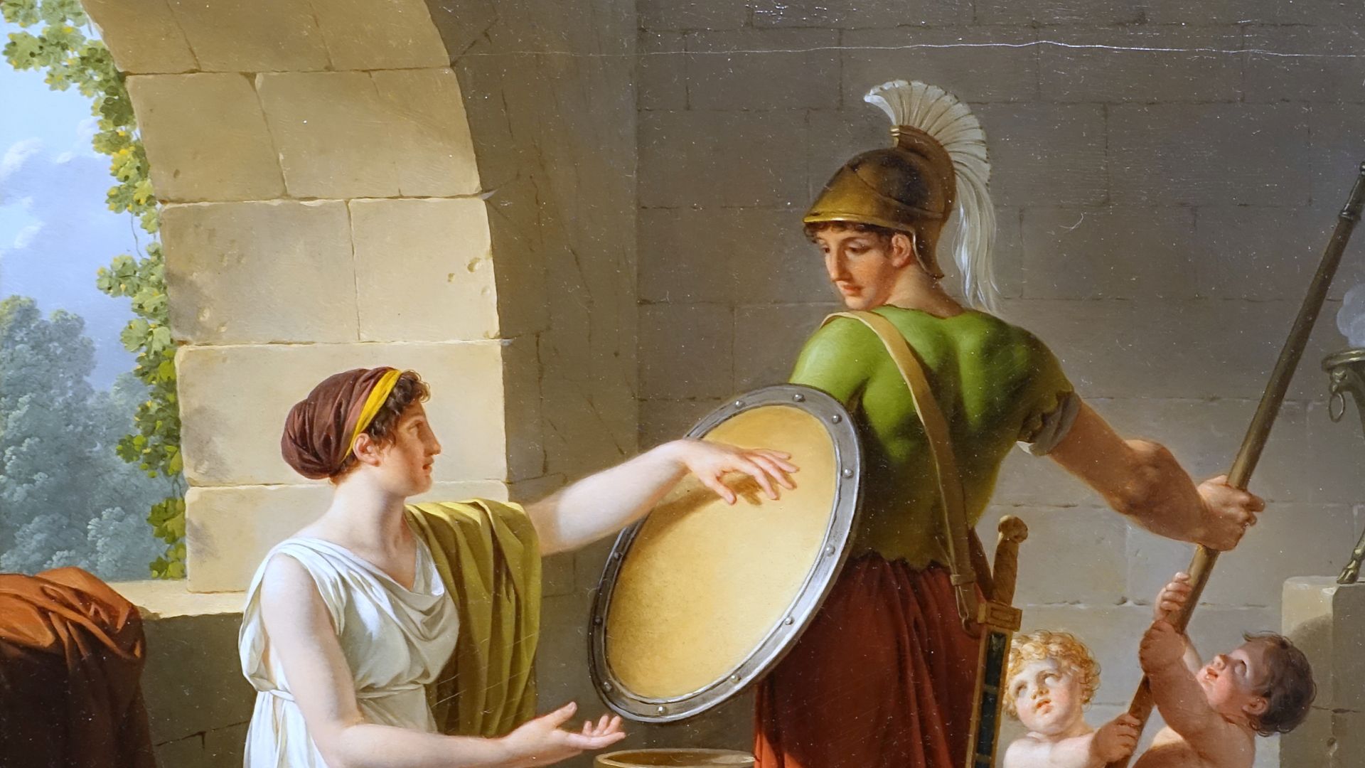File:A Spartan Woman Giving a Shield to Her Son, by Jean-Jacques-Francois Le Barbier, 1805, oil on panel - Portland Art Museum - Portland, Oregon - DSC09070.jpg