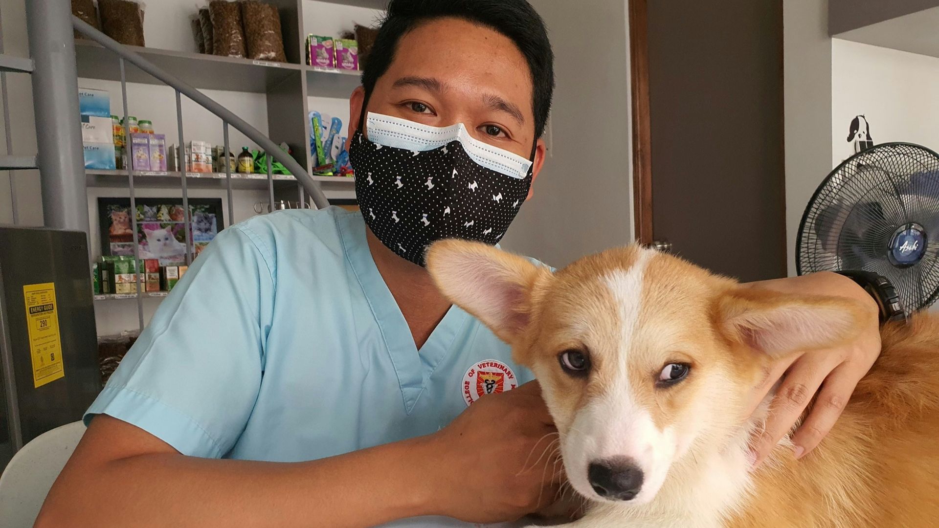 a man wearing a face mask sitting next to a dog