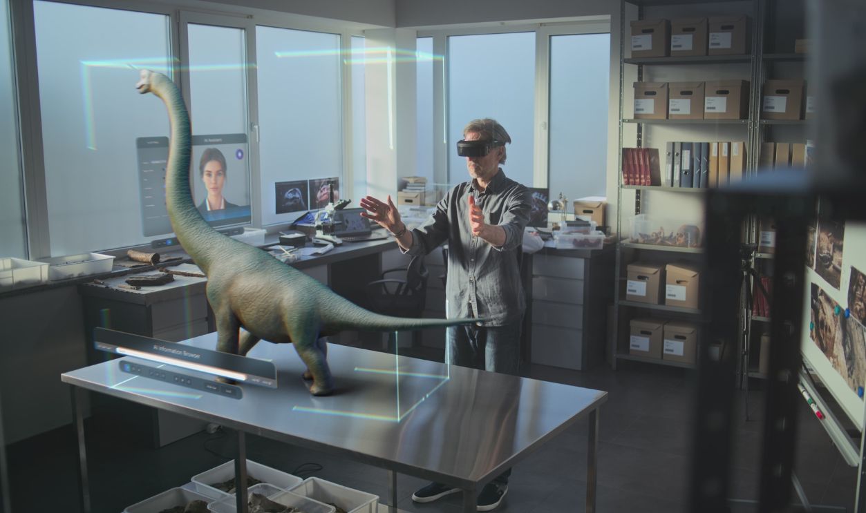 Advanced archaeological lab: 3D graphics of virtual display with AI assistant, animation of ancient dinosaur species. Archaeologist in VR headset conducts scientific research using augmented reality.
