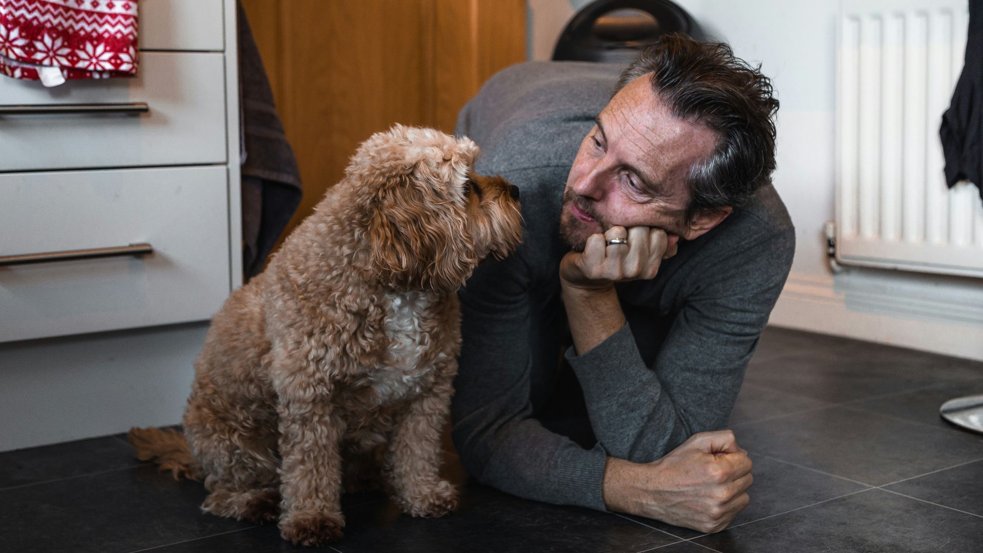 man in black sweater holding brown long coated small dog