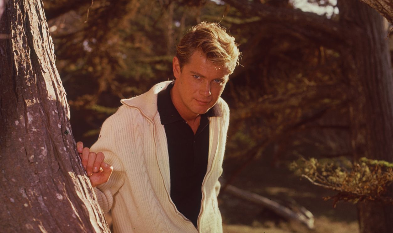 Gettyimages - 	3201403, Outdoor Man circa 1965: Portrait of American actor Troy Donahue (1936 - 2001) leaning against a tree in a cream cardigan sweater, a black polo-neck sweater, and white pants.  