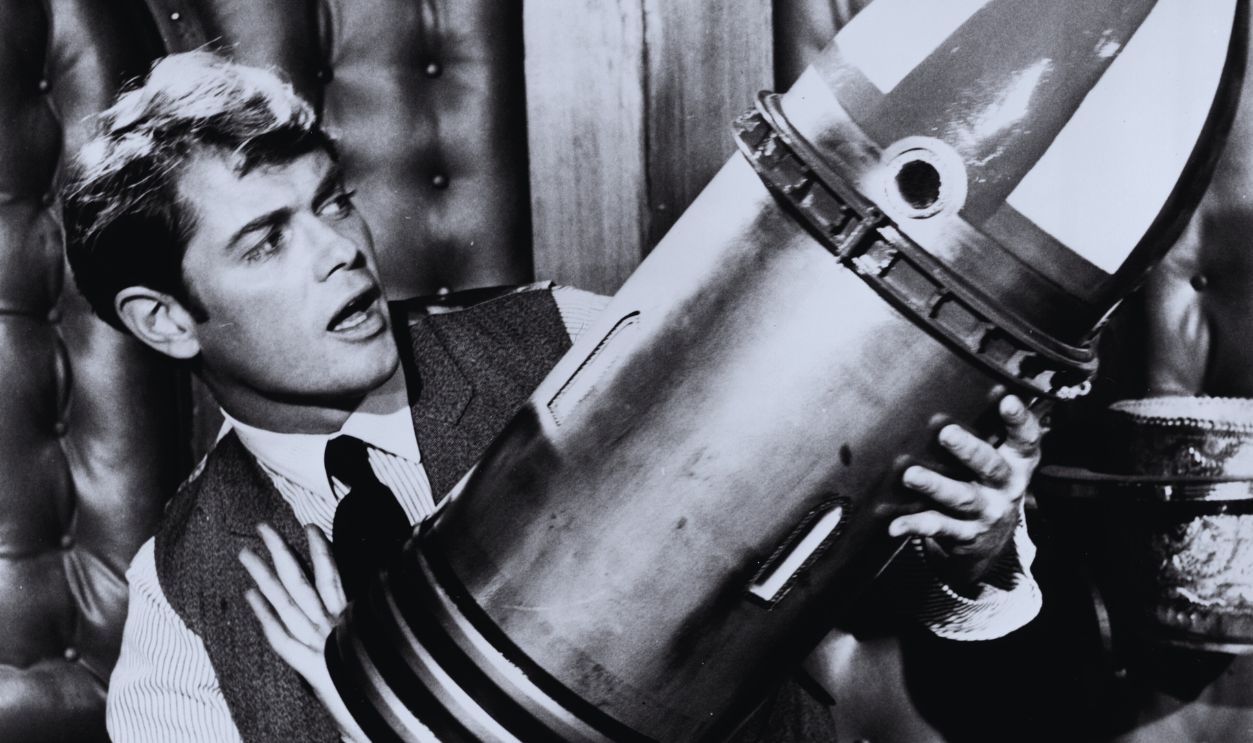 Gettyimages - 507444499, Those Fantastic Flying Fools Troy Donahue holds the rocket prototype in a scene from the movie 