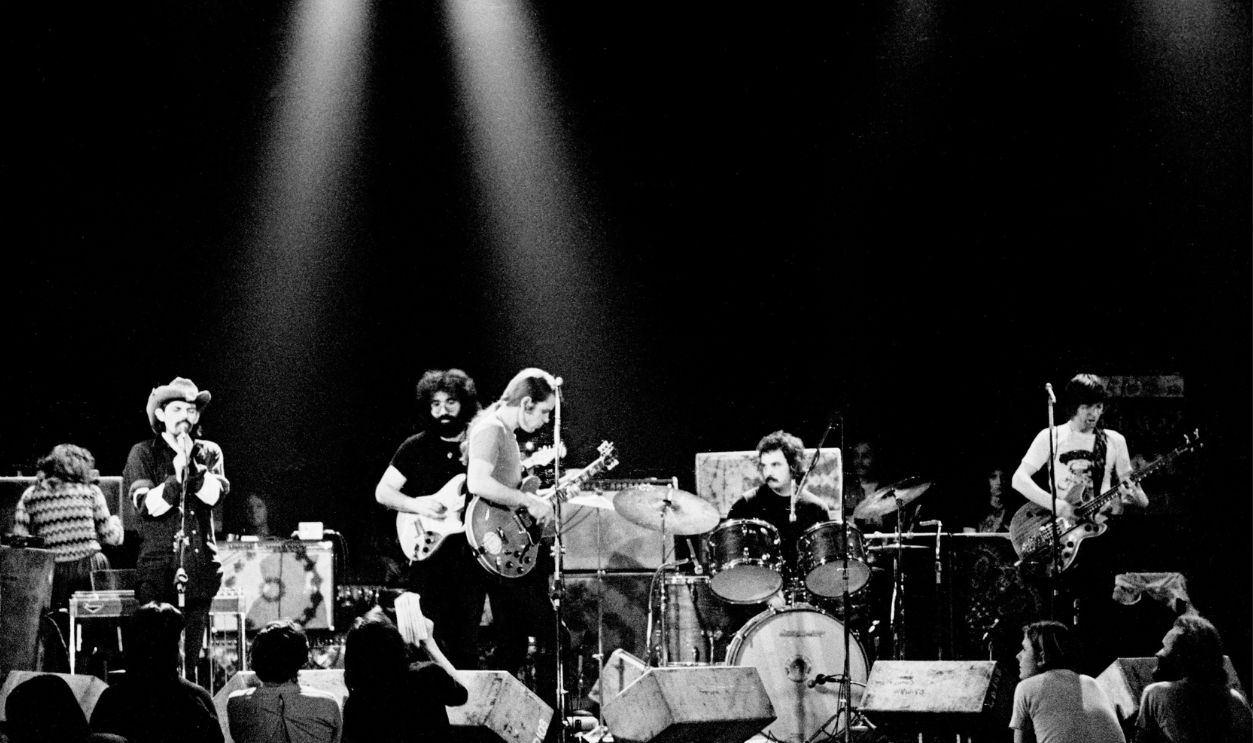 (L-R) Ron Pigpen McKernan, Jerry Garcia, Bob Weir, Bill Kreutzmann and Phil Lesh of The Grateful Dead perform on stage at the Tivoli Concert Hall in April 1972 in Copenhagen, Denmark.