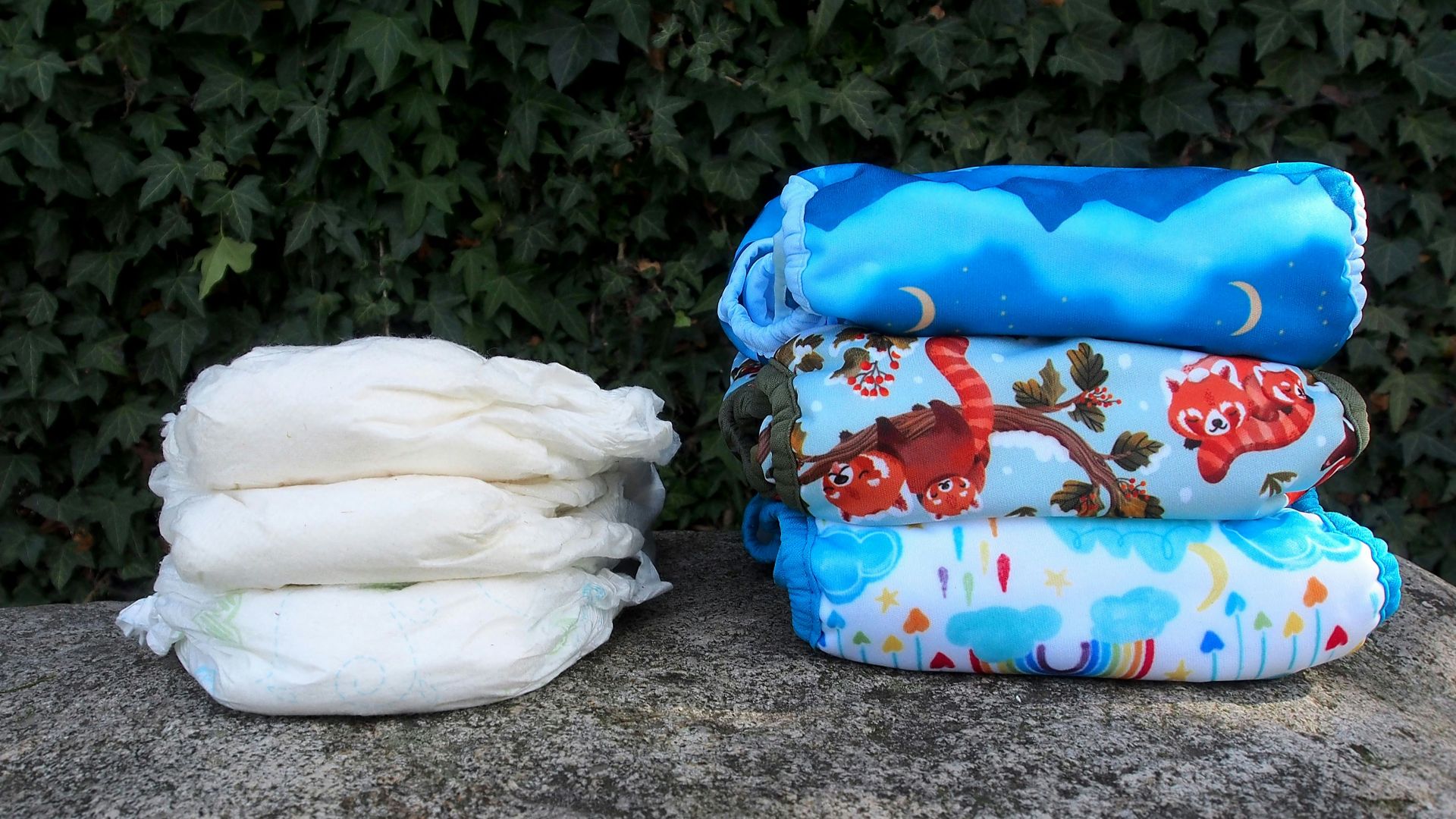 a pile of diapers sitting on top of a rock