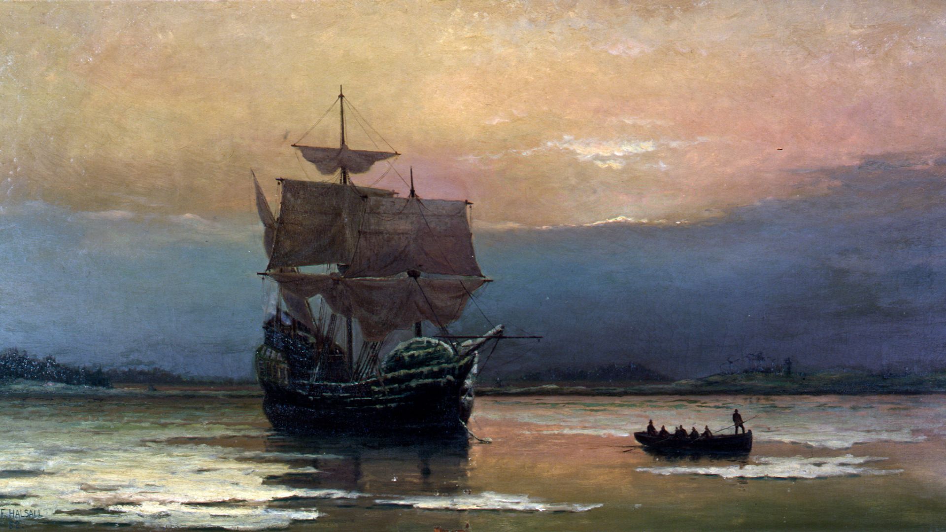 File:Mayflower in Plymouth Harbor, by William Halsall.jpg