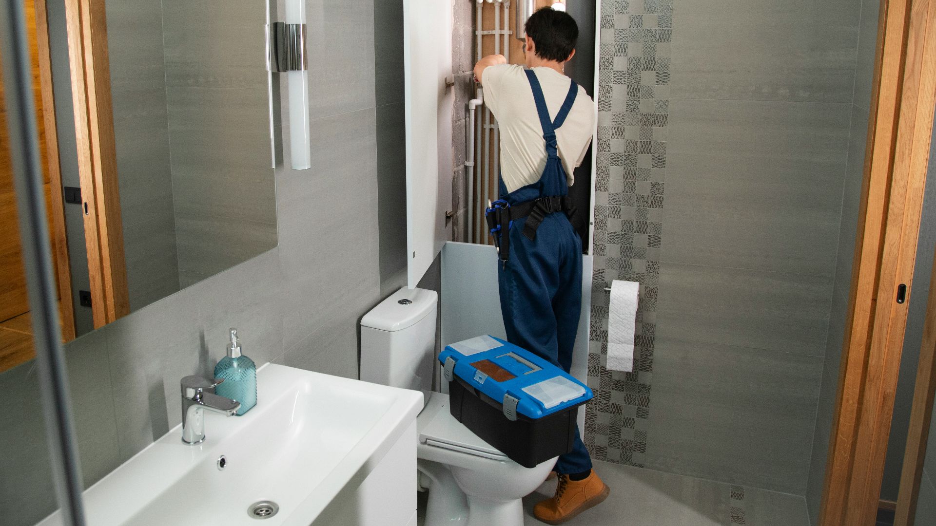 A plumber repairs plumbing in a bathroom.