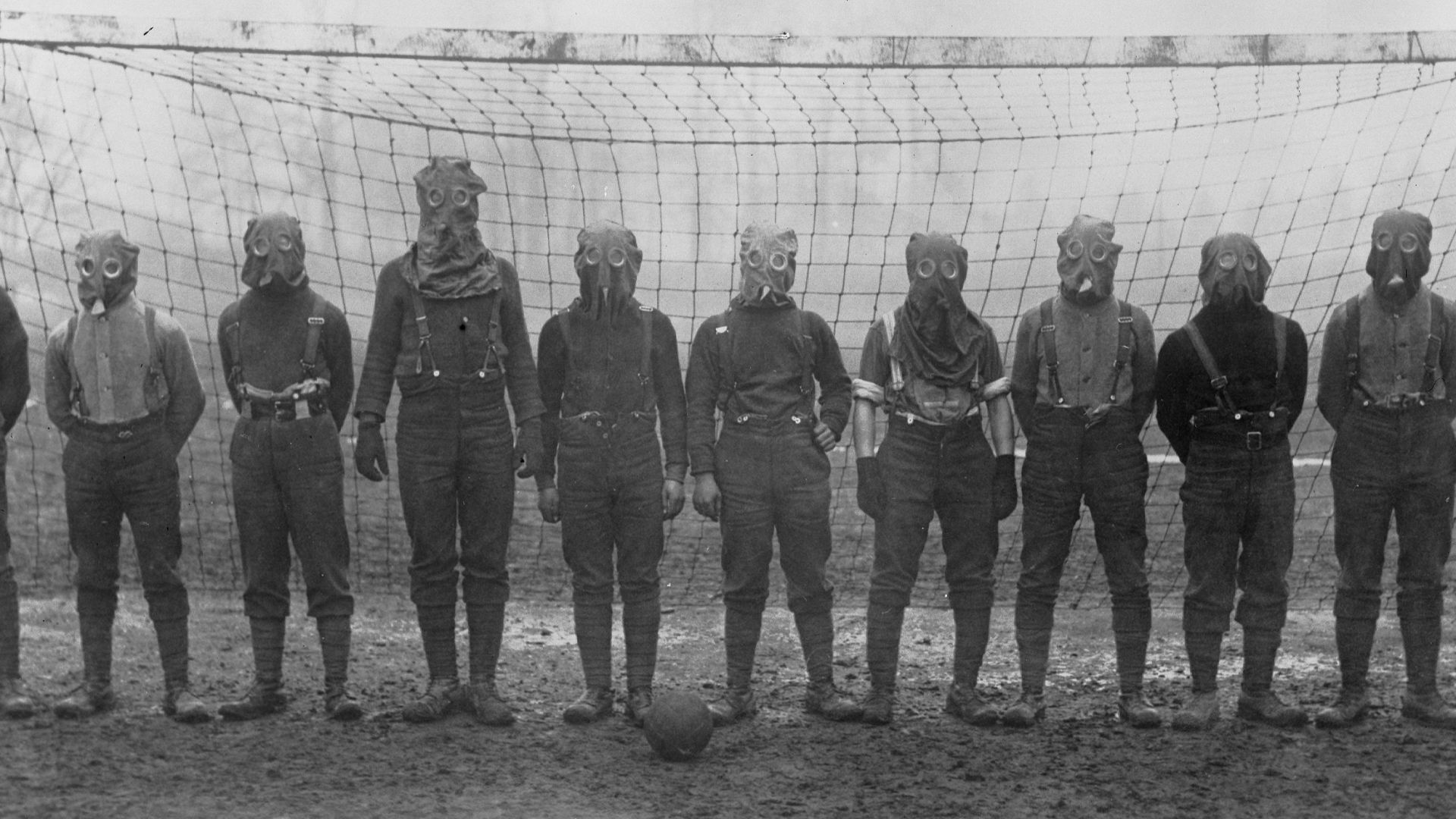 File:World War I, British soccer team with gas masks, 1916.jpg