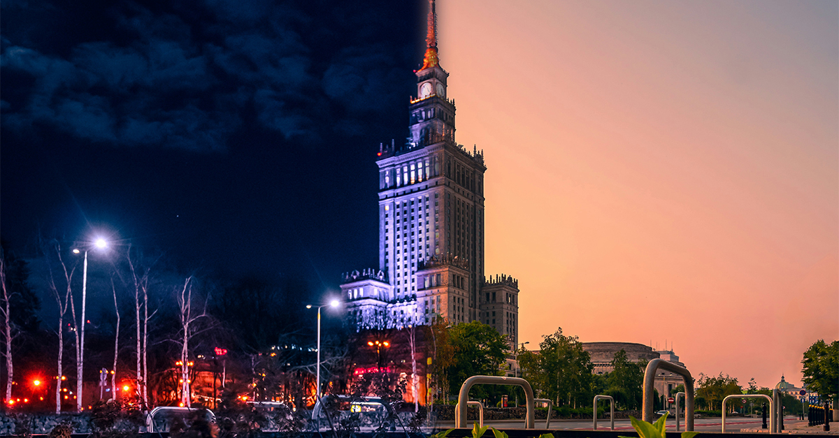 cityscape with night on one side and day on the other