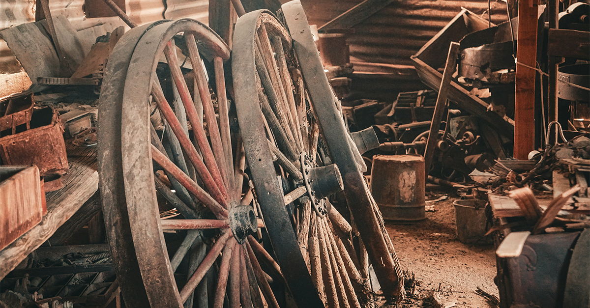 wagon wheels in a barn