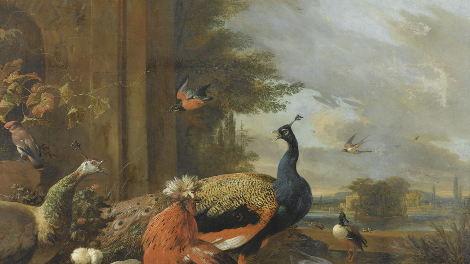 File:A peacock, a peahen, a jay, a swallow, a kingfisher, a mallard, ducks and hens in an elegant parkland setting.jpg