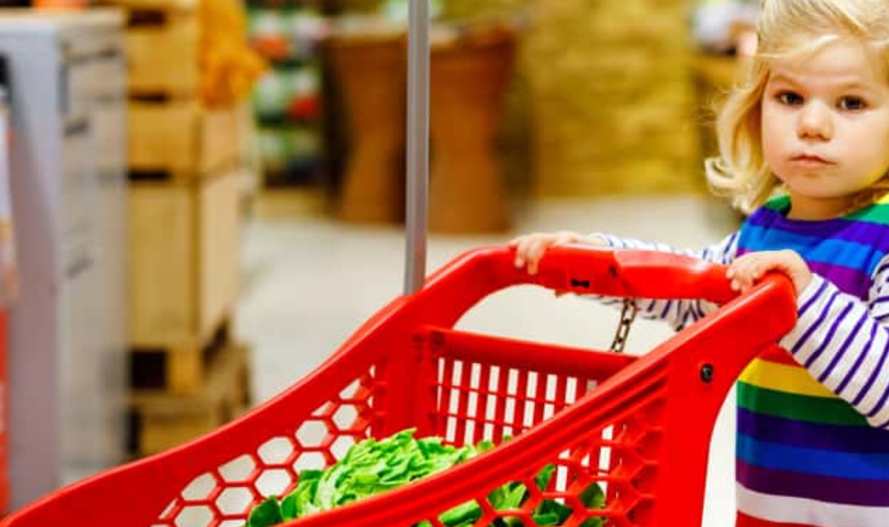 Cute Todler Girl Pushing Shopping Cart, Shutterstock, 1629778144