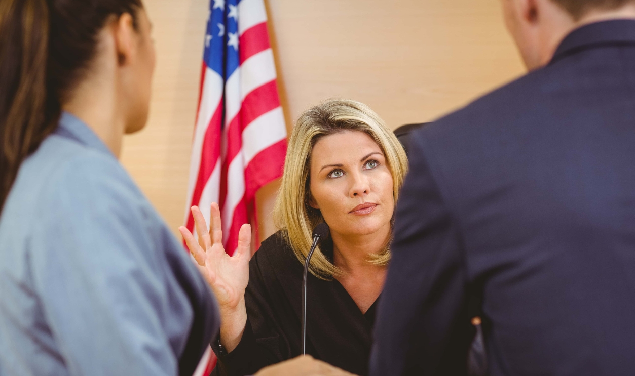 Judge And Lawyers Speaking In Front Of The American Flag, Shutterstock, 244310095