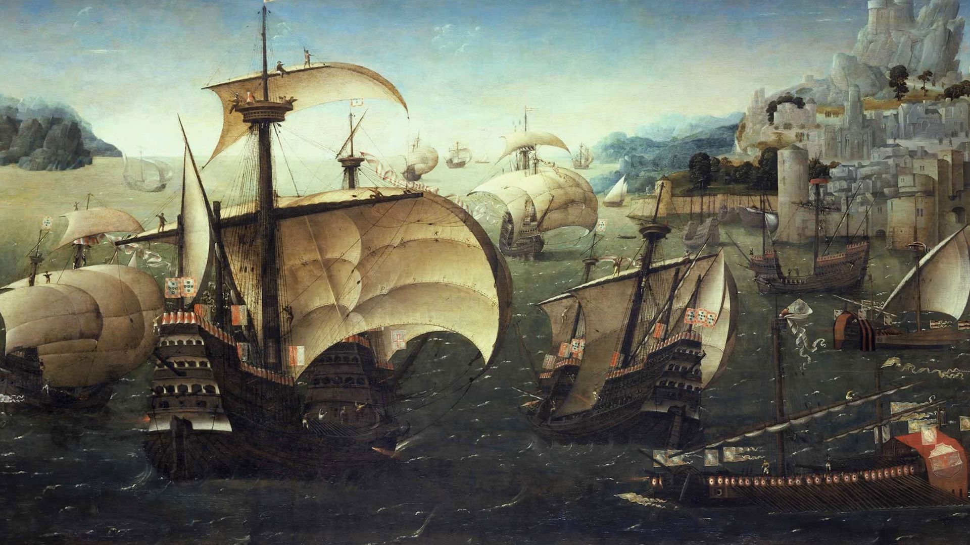 File:Portuguese Carracks off a Rocky Coast.jpg