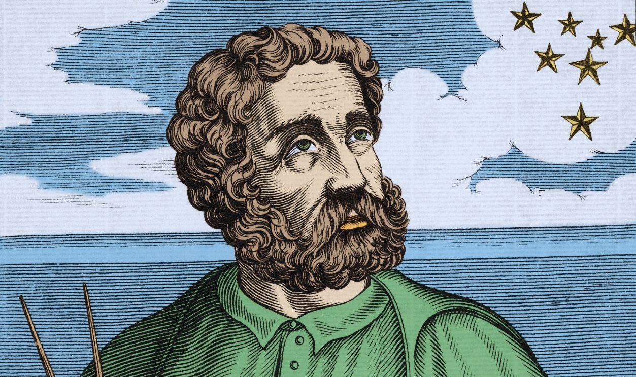 Gettyimages - 1349014807, Ferdinand Magellan Colorized illustration (after an engraving published in 'Academie des sciences et des arts' by Isaac Bullart, circa 1695) depicts a portrait of Portuguese explorer Ferdinand Magellan (1480 - 1521) holding measuring instruments and looking up at stars. 