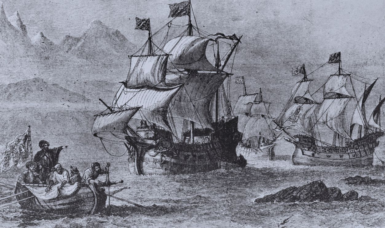Strait of Magellan, the sea route between the Atlantic and Pacific oceans, 1520. The five-ship fleet comprised the 'Trinidad' (Magellan's ship), the 'San Antonio', the 'Concepción, the 'Santiago', and the 'Victoria'.  