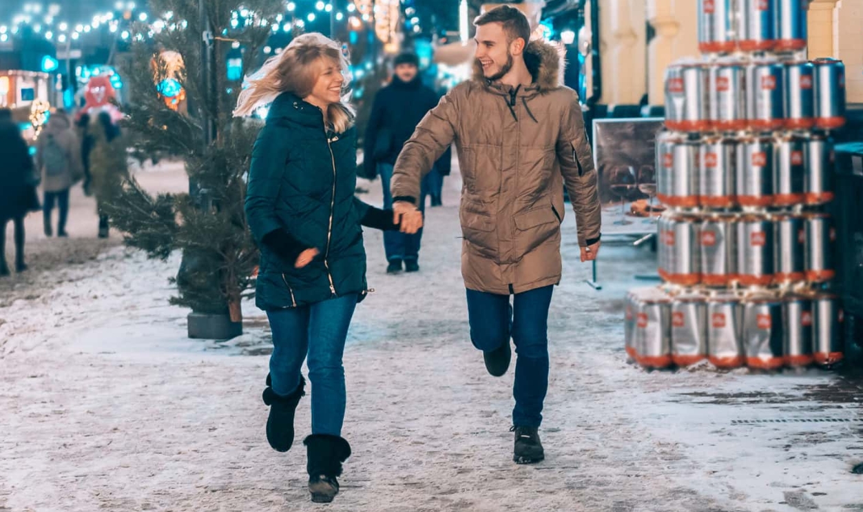 Young Adult Couple Walking On Snow, Shutterstock, 1537766036